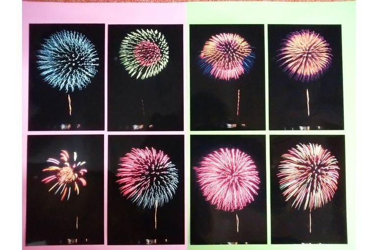青、ピンク、緑、紺、赤、紫、虹色 などの花火八枚