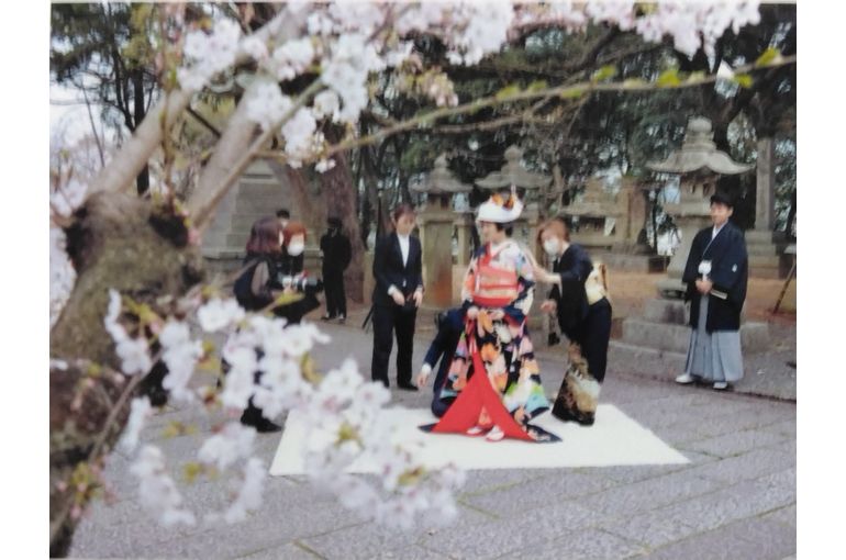 桜の花越しに見た撮影風景
