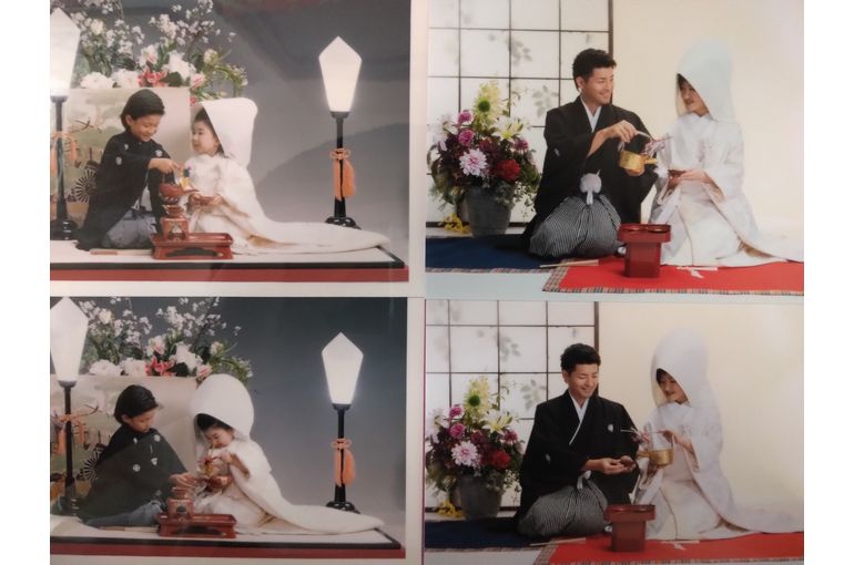 お酒を注いだり注がれたり、子供と大人を比較した 四枚の写真。