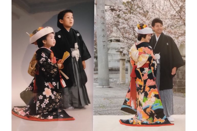 黒振袖 新郎新婦 後ろ姿　左右で子供大人比較